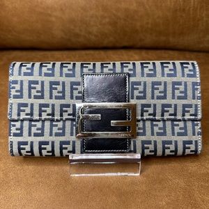 Fendi Zucca Vintage Wallet Canvas Leather Wallet Navy Blue Envelope Large Buckle